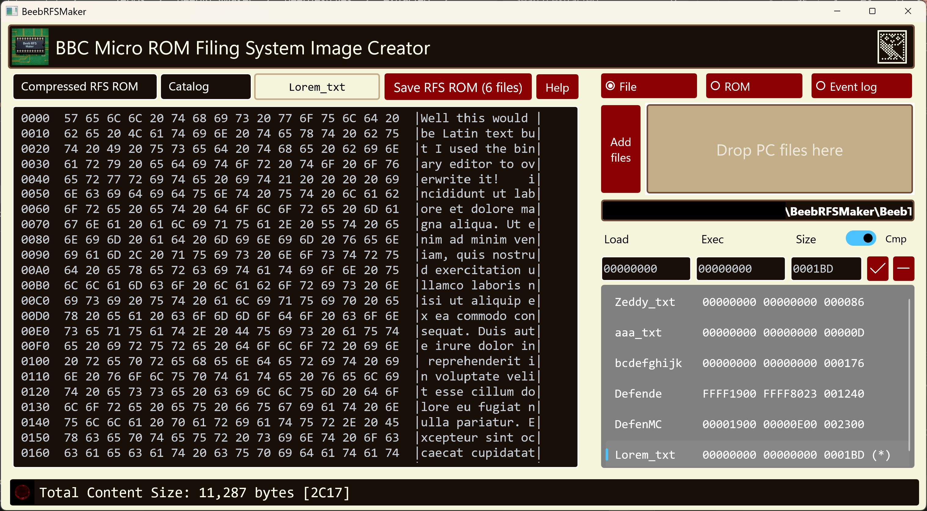 BeebRFSMaker editing a file in memory